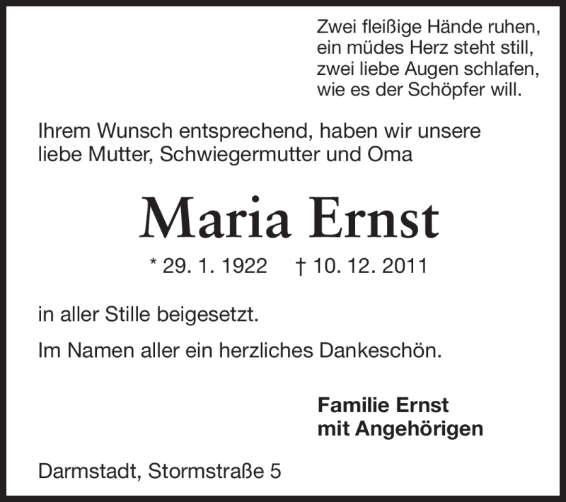  Traueranzeige für Maria Ernst vom 14.01.2012 aus Darmstädter Echo, Odenwälder Echo, Rüsselsheimer Echo, Groß-Gerauer-Echo, Ried Echo