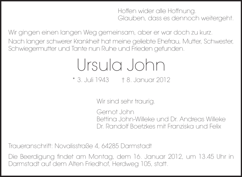  Traueranzeige für Ursula John vom 11.01.2012 aus Darmstädter Echo, Odenwälder Echo, Rüsselsheimer Echo, Groß-Gerauer-Echo, Ried Echo