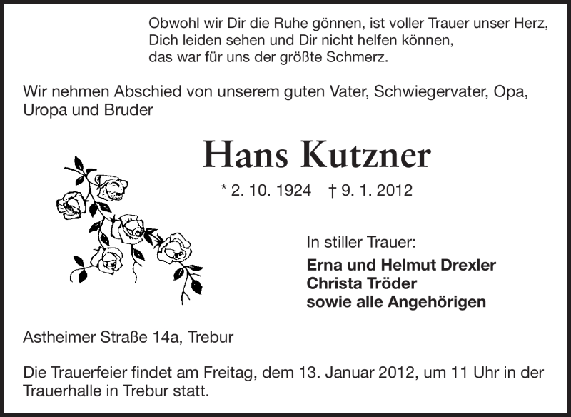  Traueranzeige für Hans Kutzner vom 11.01.2012 aus Rüsselsheimer Echo, Groß-Gerauer-Echo, Ried Echo