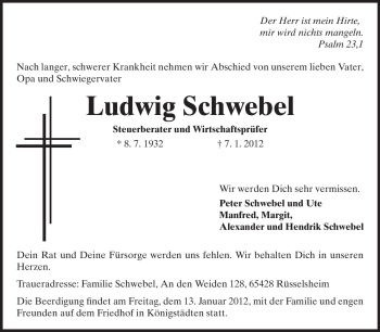 Traueranzeige von Ludwig Schwebel von Rüsselsheimer Echo, Groß-Gerauer-Echo, Ried Echo