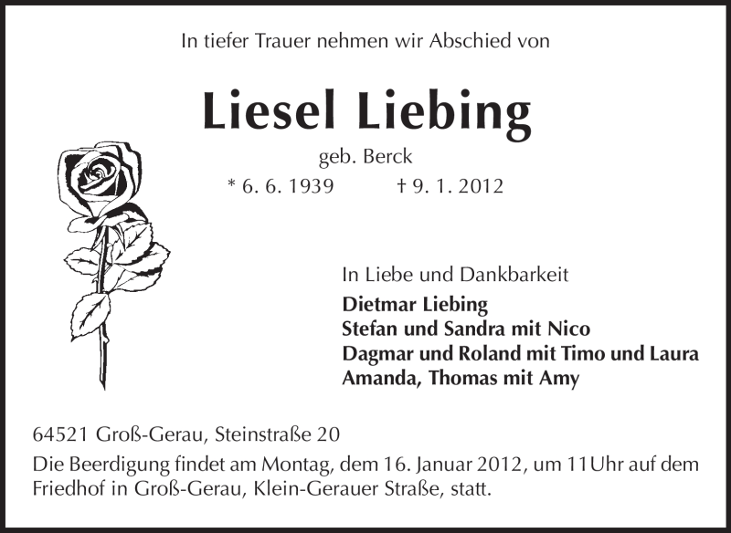  Traueranzeige für Elisabeth Liebing vom 14.01.2012 aus Rüsselsheimer Echo, Groß-Gerauer-Echo, Ried Echo