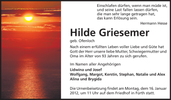 Traueranzeige von Hilde Griesemer von Starkenburger Echo