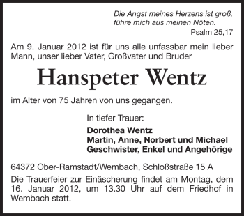 Traueranzeige von Hanspeter Wentz von Echo-Zeitungen (Gesamtausgabe)