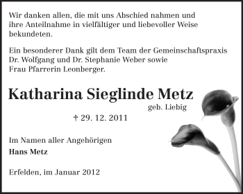 Traueranzeige von Katharina Sieglinde Metz von Rüsselsheimer Echo, Groß-Gerauer-Echo, Ried Echo