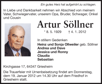 Traueranzeige von Artur Söllner von Darmstädter Echo, Odenwälder Echo, Rüsselsheimer Echo, Groß-Gerauer-Echo, Ried Echo