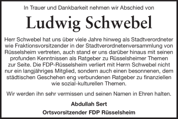 Traueranzeige von Ludwig Schwebel von Rüsselsheimer Echo, Groß-Gerauer-Echo, Ried Echo