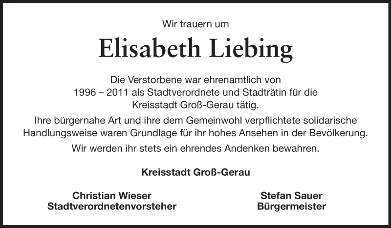  Traueranzeige für Elisabeth Liebing vom 14.01.2012 aus Rüsselsheimer Echo, Groß-Gerauer-Echo, Ried Echo