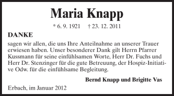 Traueranzeige von Maria Knapp von Odenwälder Echo