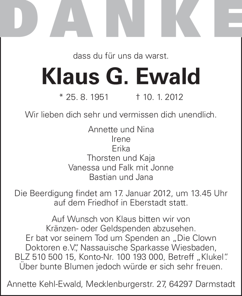  Traueranzeige für Klaus Ewald vom 14.01.2012 aus Darmstädter Echo, Odenwälder Echo, Rüsselsheimer Echo, Groß-Gerauer-Echo, Ried Echo