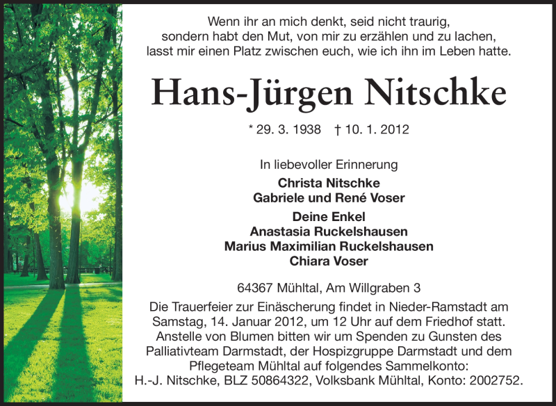  Traueranzeige für Hans-Jürgen Nitschke vom 12.01.2012 aus Echo-Zeitungen (Gesamtausgabe)