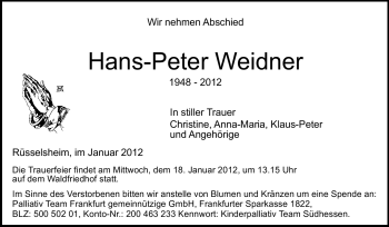 Traueranzeige von Hans-Peter Weidner von Rüsselsheimer Echo, Groß-Gerauer-Echo, Ried Echo
