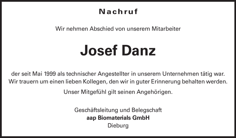  Traueranzeige für Josef Danz vom 13.01.2012 aus Echo-Zeitungen (Gesamtausgabe)