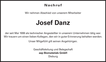 Traueranzeige von Josef Danz von Echo-Zeitungen (Gesamtausgabe)