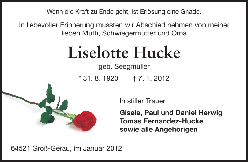  Traueranzeige für Liselotte Hucke vom 14.01.2012 aus Rüsselsheimer Echo, Groß-Gerauer-Echo, Ried Echo