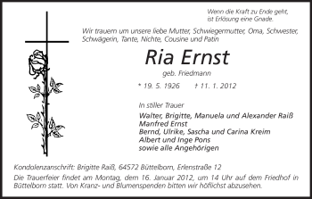 Traueranzeige von Ria Ernst von Rüsselsheimer Echo, Groß-Gerauer-Echo, Ried Echo