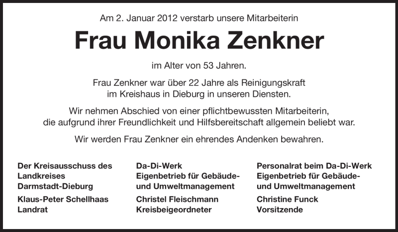  Traueranzeige für Monika Zenkner vom 13.01.2012 aus Echo-Zeitungen (Gesamtausgabe)