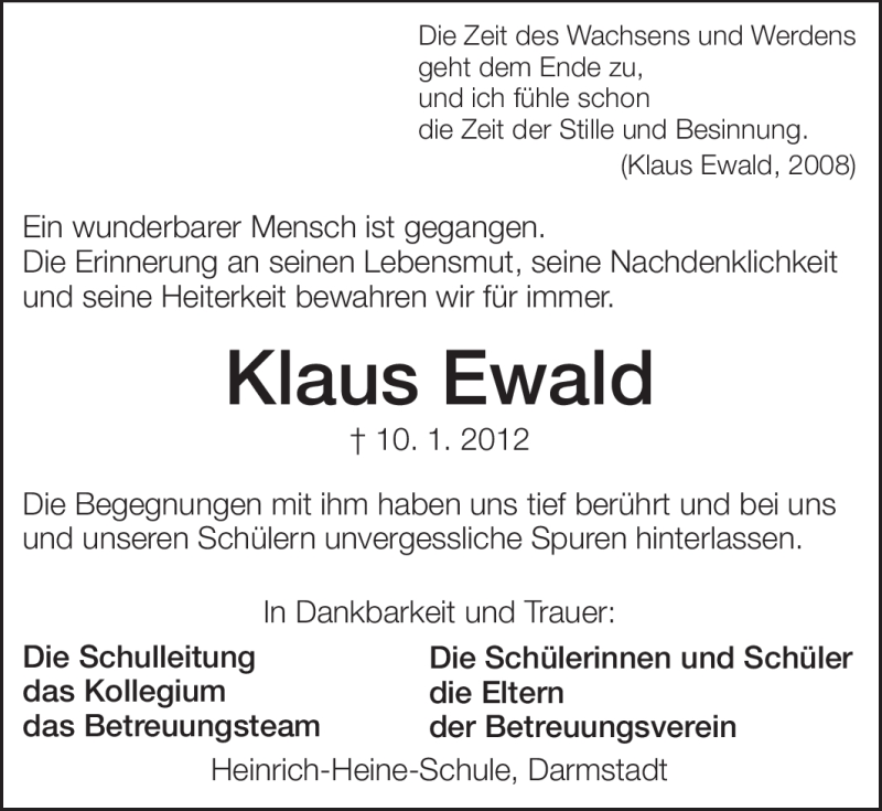  Traueranzeige für Klaus Ewald vom 14.01.2012 aus Darmstädter Echo, Odenwälder Echo, Rüsselsheimer Echo, Groß-Gerauer-Echo, Ried Echo