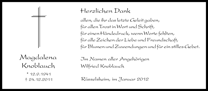  Traueranzeige für Magdalena Knoblauch vom 14.01.2012 aus Rüsselsheimer Echo, Groß-Gerauer-Echo, Ried Echo