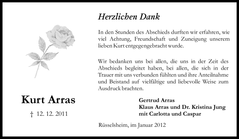  Traueranzeige für Kurt Eugen Arras vom 14.01.2012 aus Rüsselsheimer Echo, Groß-Gerauer-Echo, Ried Echo