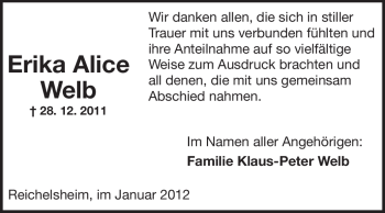 Traueranzeige von Erika Alice Welb von Odenwälder Echo