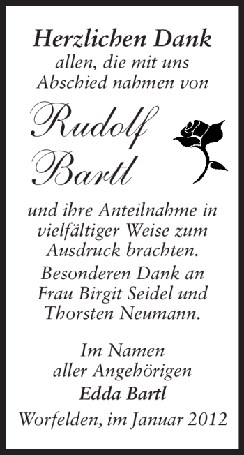 Traueranzeige von Rudolf Bartl von Rüsselsheimer Echo, Groß-Gerauer-Echo, Ried Echo