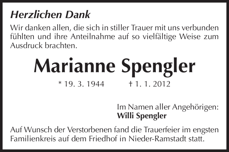  Traueranzeige für Marianne Spengler vom 14.01.2012 aus Darmstädter Echo, Odenwälder Echo, Rüsselsheimer Echo, Groß-Gerauer-Echo, Ried Echo