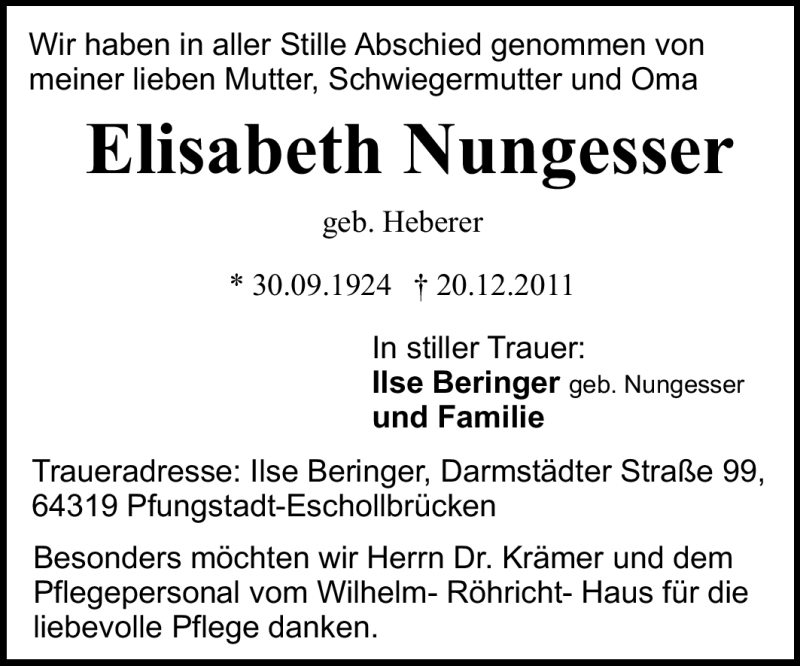  Traueranzeige für Elisabeth Nungesser vom 14.01.2012 aus Echo-Zeitungen (Gesamtausgabe)