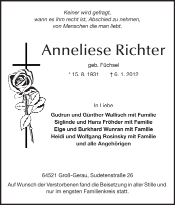 Traueranzeige von Anneliese Richter von Rüsselsheimer Echo, Groß-Gerauer-Echo, Ried Echo