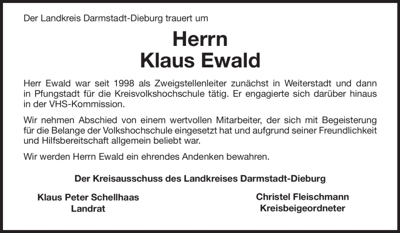  Traueranzeige für Klaus Ewald vom 14.01.2012 aus Echo-Zeitungen (Gesamtausgabe)