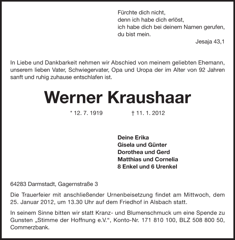  Traueranzeige für Werner Kraushaar vom 14.01.2012 aus Darmstädter Echo, Odenwälder Echo, Rüsselsheimer Echo, Groß-Gerauer-Echo, Ried Echo