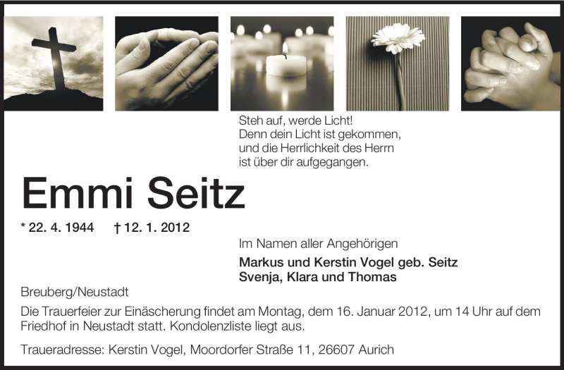  Traueranzeige für Emmi Seitz vom 14.01.2012 aus Odenwälder Echo