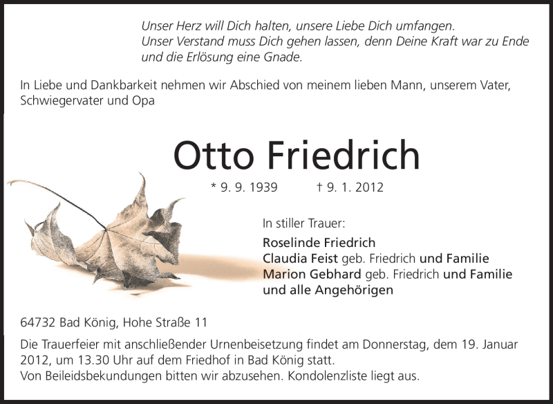 Traueranzeige für Otto Friedrich vom 17.01.2012 aus Odenwälder Echo