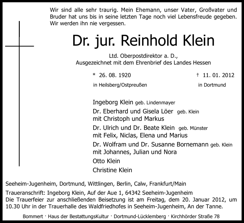  Traueranzeige für Reinhold Klein vom 14.01.2012 aus Echo-Zeitungen (Gesamtausgabe)
