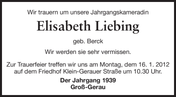 Traueranzeige von Elisabeth Liebing von Rüsselsheimer Echo, Groß-Gerauer-Echo, Ried Echo
