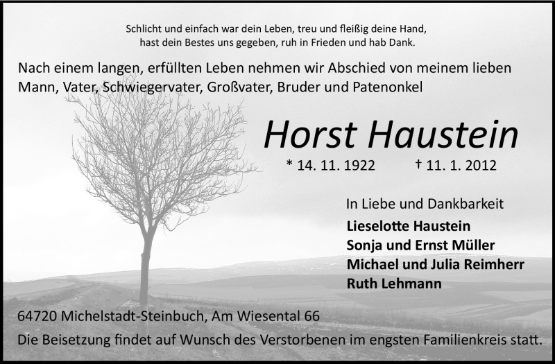  Traueranzeige für Horst Haustein vom 14.01.2012 aus Odenwälder Echo
