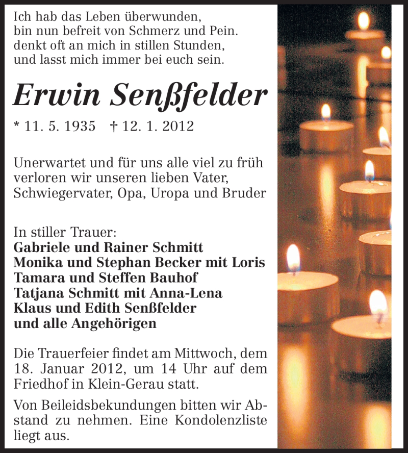  Traueranzeige für Erwin Senßfelder vom 16.01.2012 aus Rüsselsheimer Echo, Groß-Gerauer-Echo, Ried Echo