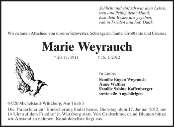 Traueranzeige von Marie Weyrauch von Odenwälder Echo