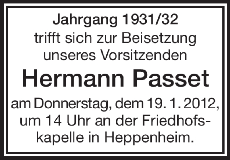  Traueranzeige für Hermann Passet vom 17.01.2012 aus Starkenburger Echo
