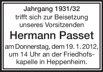 Traueranzeige von Hermann Passet von Starkenburger Echo