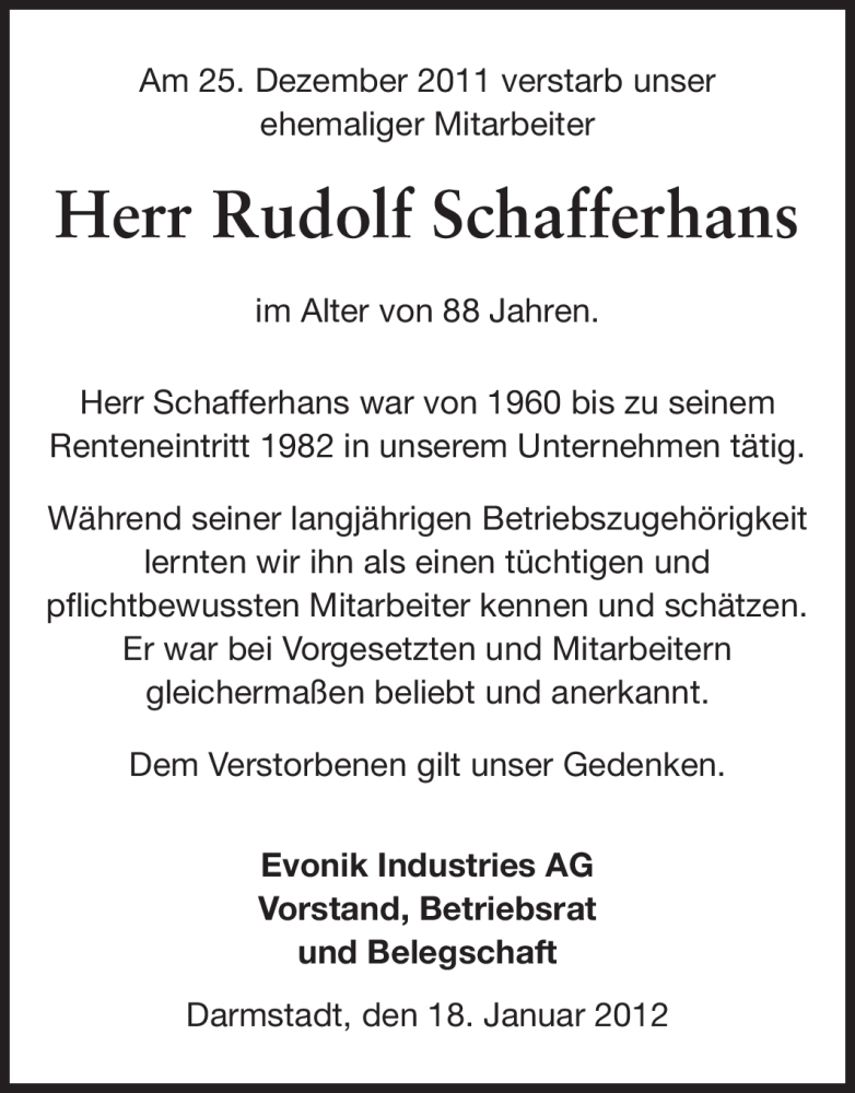  Traueranzeige für Rudolf Schafferhans vom 18.01.2012 aus Echo-Zeitungen (Gesamtausgabe)