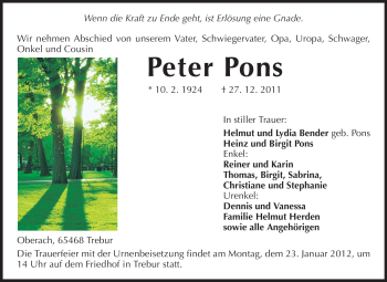 Traueranzeige von Peter Pons von Rüsselsheimer Echo, Groß-Gerauer-Echo, Ried Echo