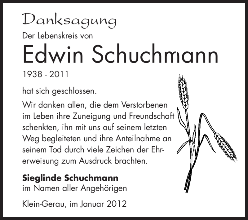  Traueranzeige für Edwin Schuchmann vom 21.01.2012 aus Rüsselsheimer Echo, Groß-Gerauer-Echo, Ried Echo