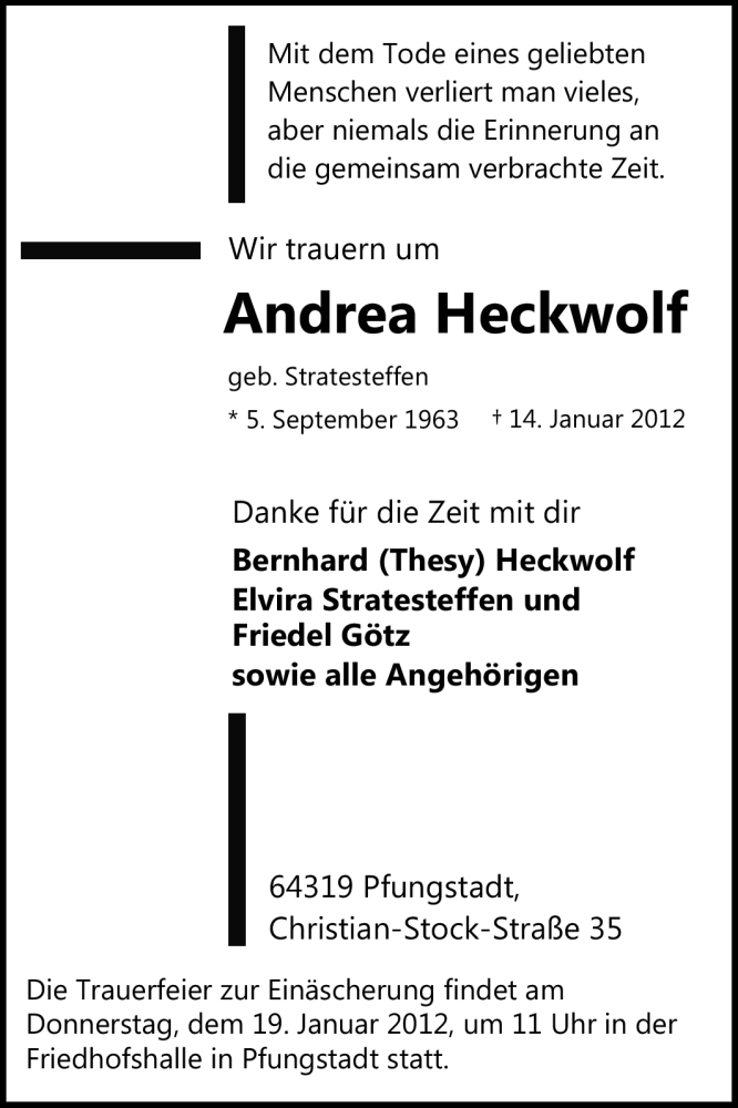  Traueranzeige für Andrea Heckwolf vom 17.01.2012 aus Echo-Zeitungen (Gesamtausgabe)