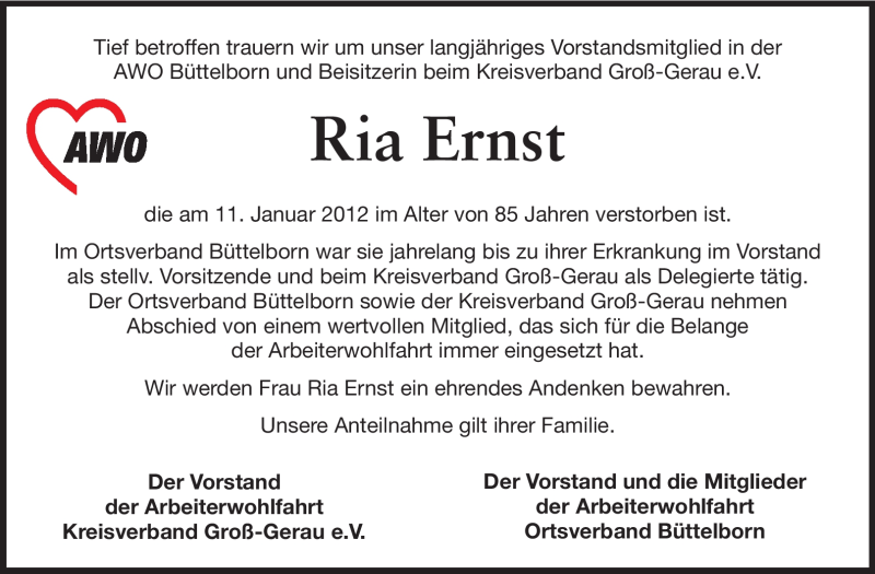  Traueranzeige für Ria Ernst vom 18.01.2012 aus Rüsselsheimer Echo, Groß-Gerauer-Echo, Ried Echo