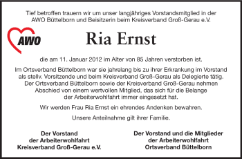 Traueranzeige von Ria Ernst von Rüsselsheimer Echo, Groß-Gerauer-Echo, Ried Echo