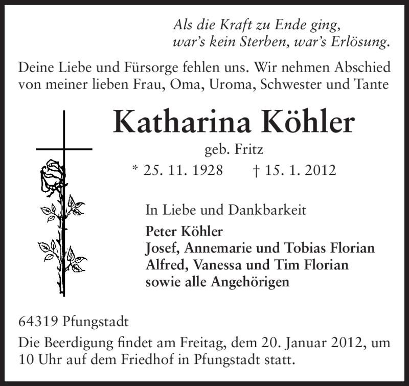  Traueranzeige für Katharina Köhler vom 18.01.2012 aus Echo-Zeitungen (Gesamtausgabe)