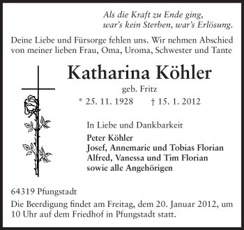 Traueranzeige von Katharina Köhler von Echo-Zeitungen (Gesamtausgabe)
