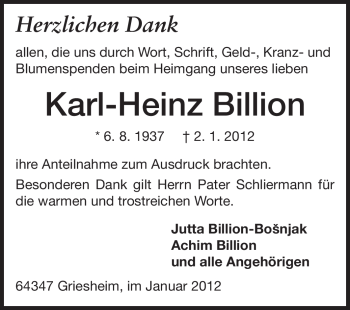 Traueranzeige von Karl-Heinz Billion von Echo-Zeitungen (Gesamtausgabe)