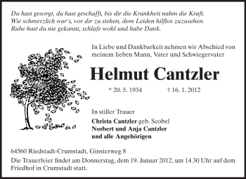 Traueranzeige von Helmut Cantzler von Darmstädter Echo, Odenwälder Echo, Rüsselsheimer Echo, Groß-Gerauer-Echo, Ried Echo