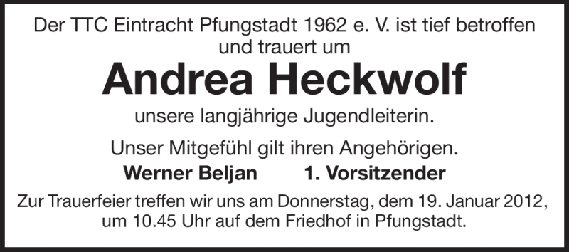  Traueranzeige für Andrea Heckwolf vom 18.01.2012 aus Echo-Zeitungen (Gesamtausgabe)